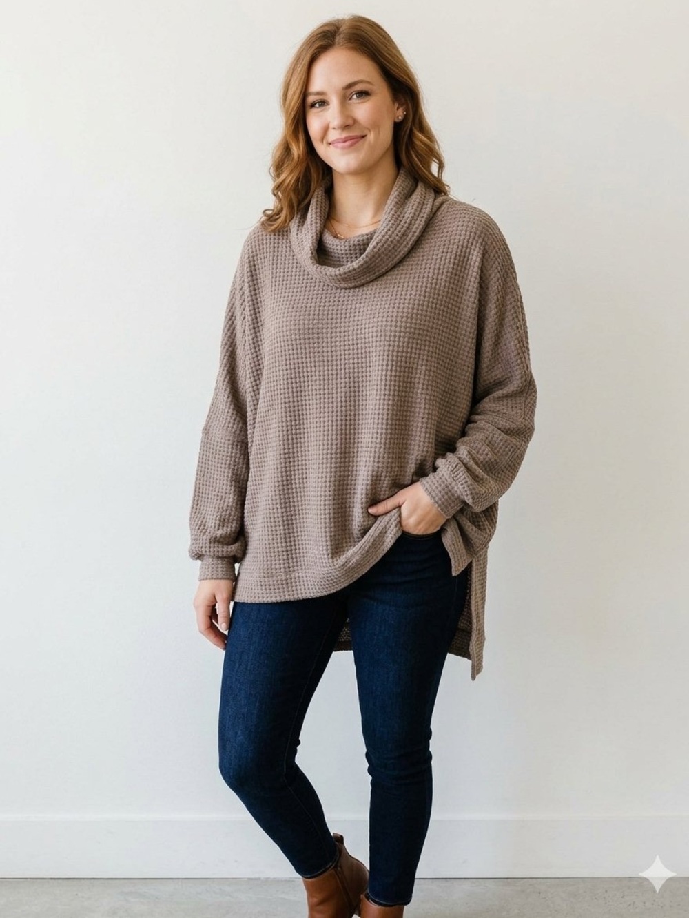 NINEXIS Cowl Neck Waffle Knit Tunic Sweater